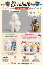 Lade das Bild in den Galerie-Viewer, El caballero – Ritter Gipsfigur zum Bemalen | Kreativset mit 1 Figur, 2 Pinseln & 5 Farben für Kindergeburtstag
