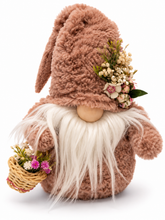 Cargar imagen en el visor de la galería, Handgemachter Kuschelwichtel in Altrosa mit Blumenkorb – Dekowichtel mit flauschiger Zipfelmütze