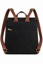 Lade das Bild in den Galerie-Viewer, Flap-Backpack – Rucksack mit Überschlag, Vintage-Look & Reißverschlussfächern | Schwarz/Cognac