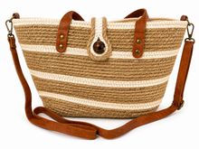 Charger l'image dans la galerie, Große geflochtene Shopper-Tasche in Natur & Creme mit Schultergurt