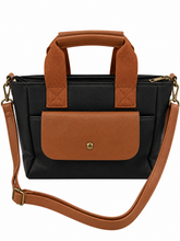Load image into Gallery viewer, Satchel / Top-Handle-Handtasche – Kunstleder, Frontfach & Schulterriemen (34×21×12 cm) – Schwarz, Apricot, Salbei – 20 €