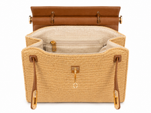 Charger l'image dans la galerie, Elegante Korb-Handtasche in Natur & Cognac mit Tuch und Schulterriemen