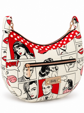 Cargar imagen en el visor de la galería, Handgemachte Hobo-Tasche im Retro-Comic-Stil – Rot, Schwarz & Cremeweiß