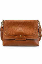 Lade das Bild in den Galerie-Viewer, Umhängetasche aus Kunstleder mit und Nieten | Tasche mit Zipperfach & verstellbarem Gurt | Schwarz/ Cognac