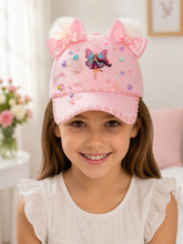 Lade das Bild in den Galerie-Viewer, Rosa Feen Mädchen Cap mit Schleifen &amp; Pompons – Zauberhafte Kinder Basecap mit Perlen
