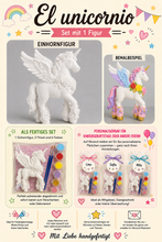 Charger l'image dans la galerie, El unicornio – Einhorn Gipsfigur zum Bemalen | Kreativset mit 1 Figur, 2 Pinseln &amp; 6 Farben
