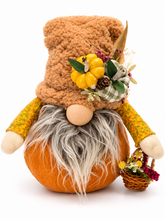 Lade das Bild in den Galerie-Viewer, Handgemachter Herbstwichtel mit Kürbissen und Blumenkorb – Herbstdeko 25 cm
