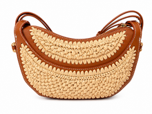 Lade das Bild in den Galerie-Viewer, Sommertasche Beige &amp; Braun – geflochtene Umhängetasche in Halbmondform
