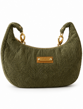 Load image into Gallery viewer, Handgemachte Mondtasche aus Cord mit Kunstlederriemen | Schultertasche mit Reißverschluss &amp; Baumwollfutter
