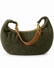 Load image into Gallery viewer, Handgemachte Mondtasche aus Cord mit Kunstlederriemen | Schultertasche mit Reißverschluss &amp; Baumwollfutter
